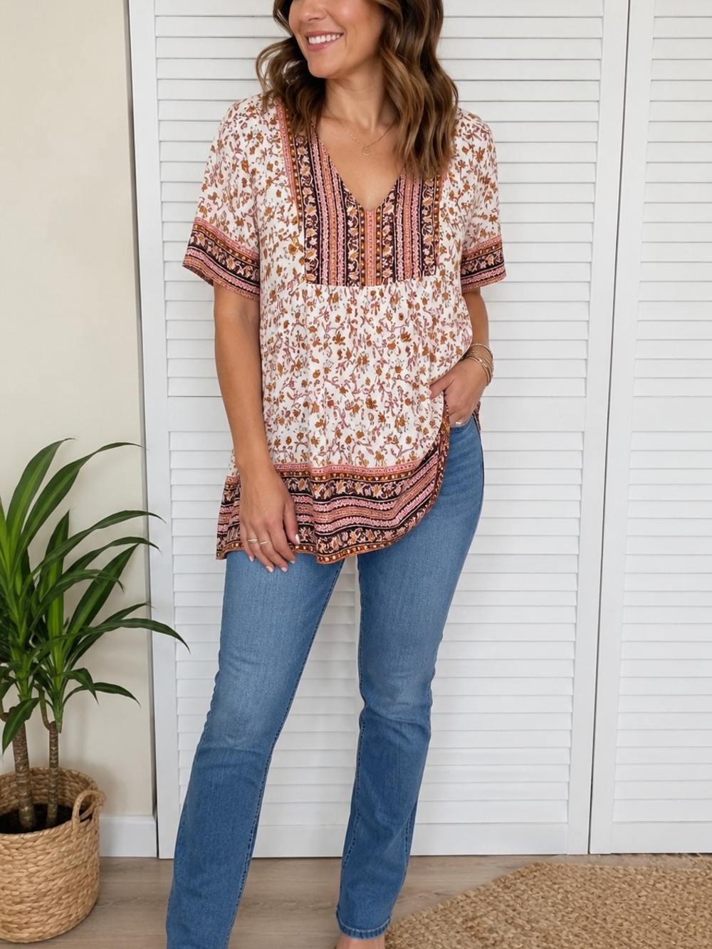 Knox Rose Boho Floral Babydoll Tunic Top 100% Rayon Size M